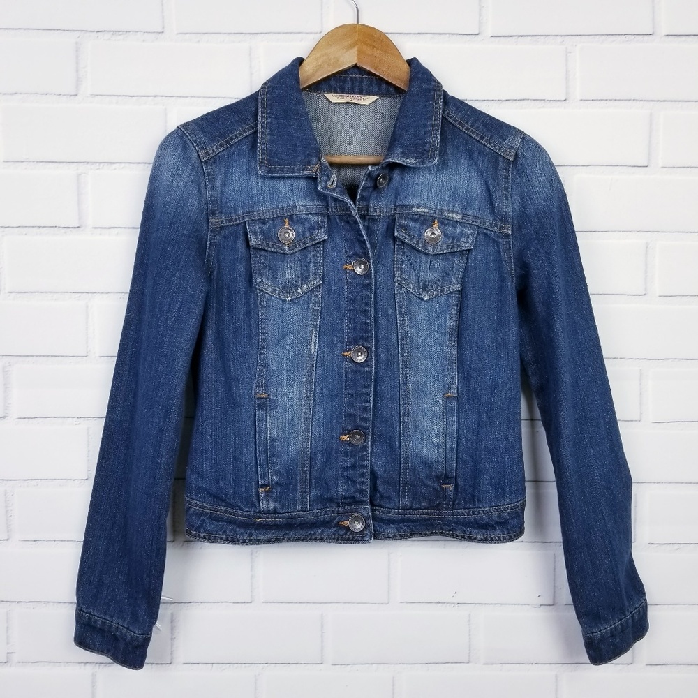 Womens Button Up Jean Jacket Sz M‎ Med Wash Biker Moto Long Sleeve Highway Jeans